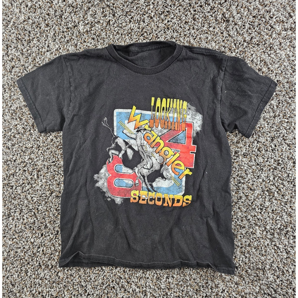 Wrangler Boys Sz S Short Sleeve T Shirt Bull Riding Rodeo Cowboy Black